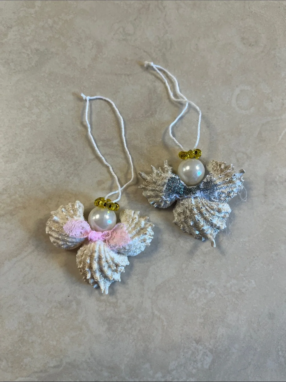 Set of 2 Handmade Pink and Silver Seashell Angel Ornaments
